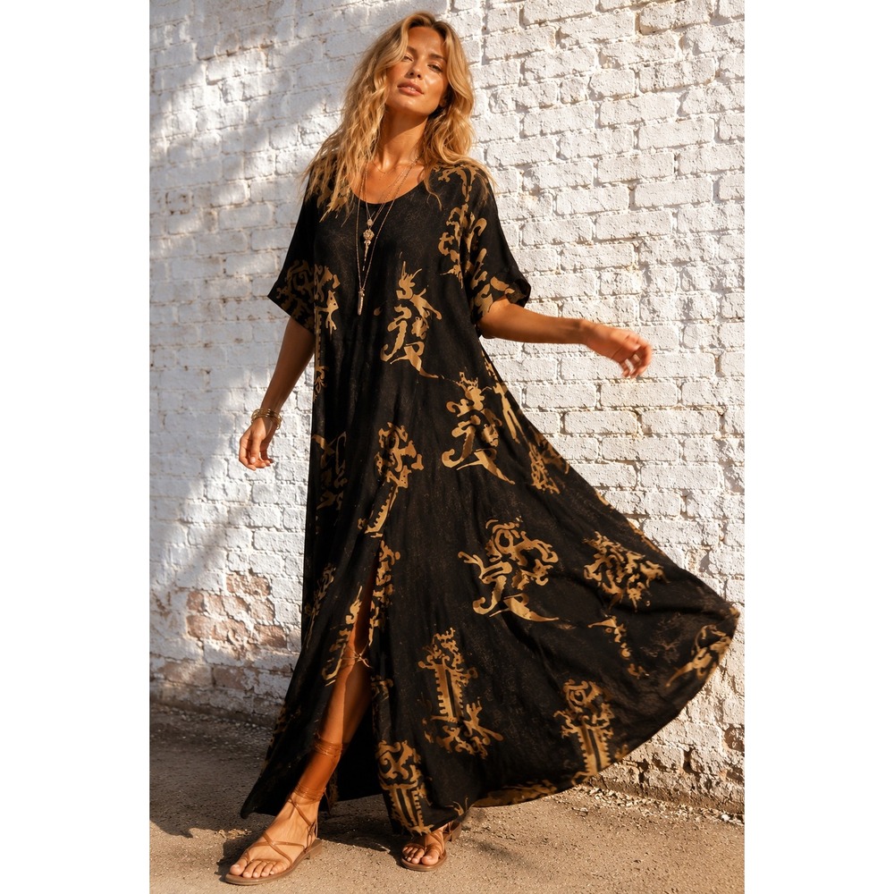 Vintage‎ Bali Batiks Black Gold Rayon Maxi Dress Abstract Boho XL